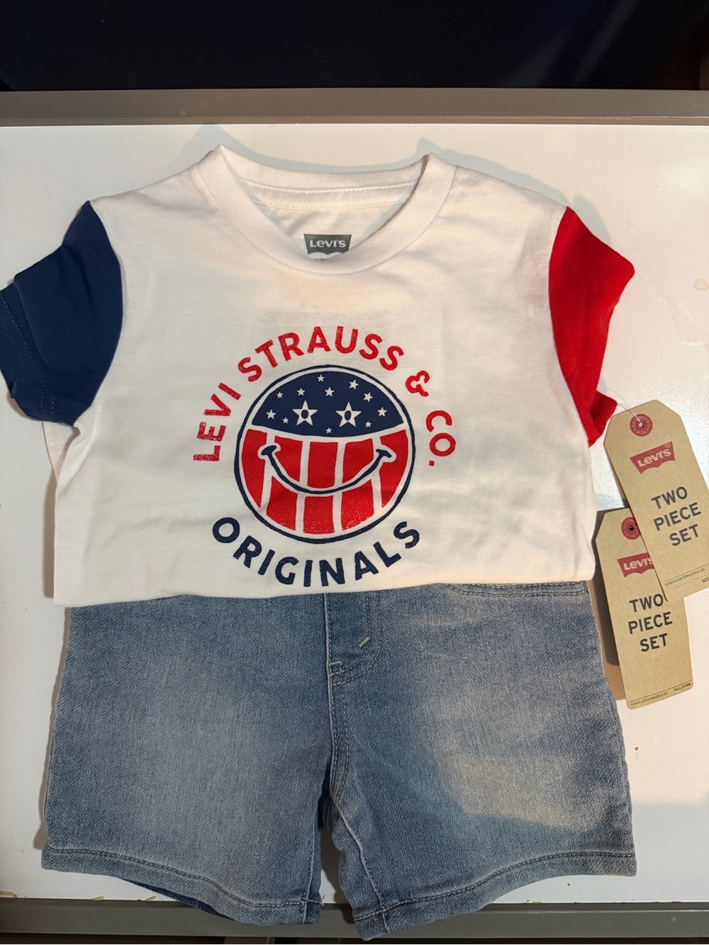 Levi's Red White Blue Smiley Tee & Denim Shorts Set-Toddler Boy 2T